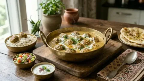 Delicious Afghani Chicken Kofta Curry served in a traditional bowl with naan bread.