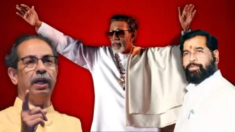 Two tigers representing Shiv Sena factions facing each other on Shiv Sena Foundation Day