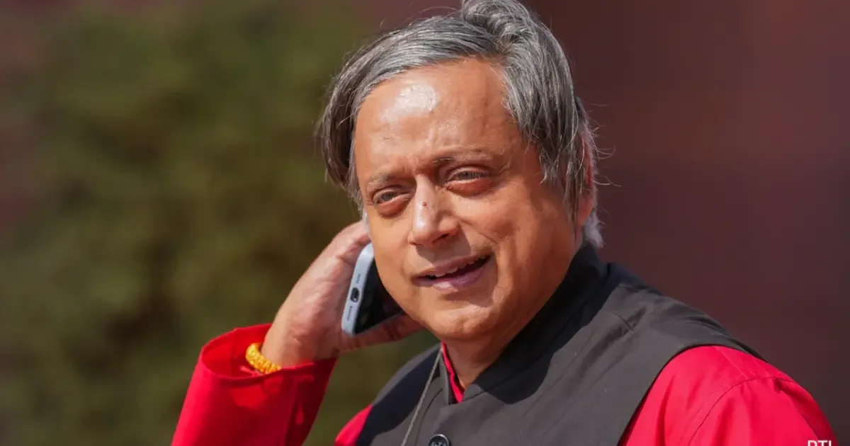 Shashi Tharoor, a prominent Congress leader, speaking at a press conference amidst a political storm over his remarks on Kashmir.