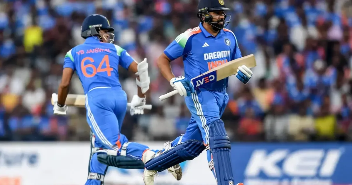 Indian cricket team players in action during an ODI match, with a focus on opening batsmen.