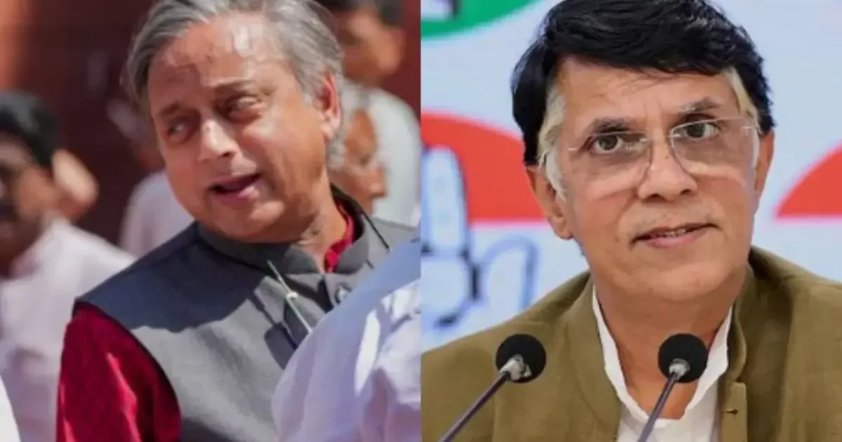 Shashi Tharoor speaking at a podium, with a Congress party symbol visible.