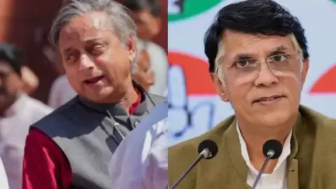 Shashi Tharoor speaking at a podium, with a Congress party symbol visible.