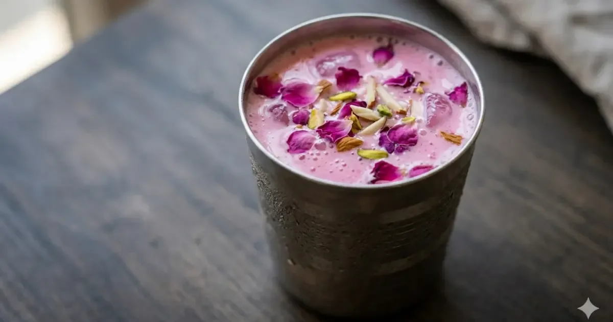 A refreshing glass of Chabeel, a traditional Punjabi drink, served cold with ice and garnished with mint leaves, perfect for summer.