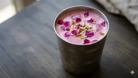 A refreshing glass of Chabeel, a traditional Punjabi drink, served cold with ice and garnished with mint leaves, perfect for summer.