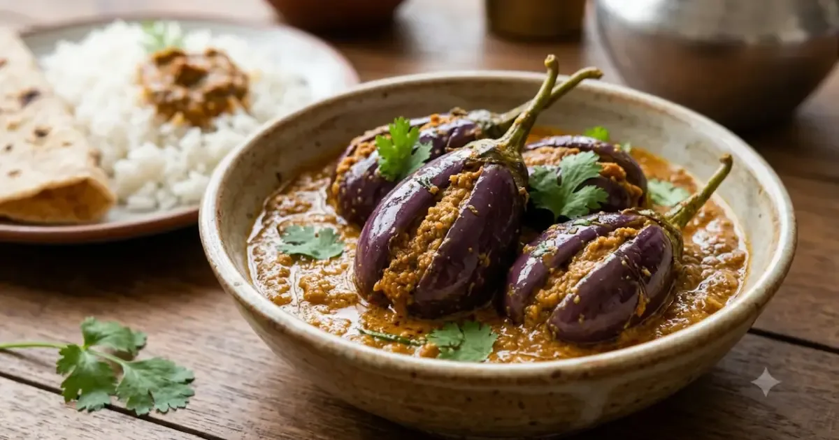 A close-up shot of Guthi Vankaya, a traditional Telangana recipe featuring stuffed eggplants in a rich gravy.