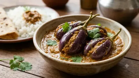 A close-up shot of Guthi Vankaya, a traditional Telangana recipe featuring stuffed eggplants in a rich gravy.