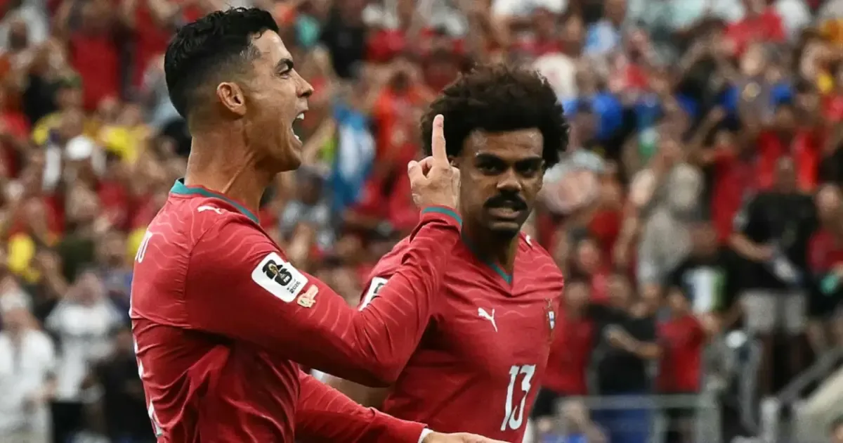Cristiano Ronaldo celebrates scoring a goal for Portugal against Uzbekistan in Houston.