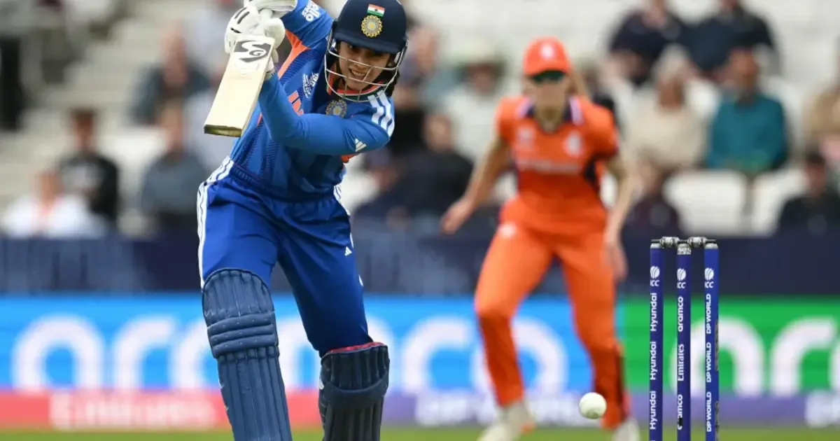 Smriti Mandhana celebrating a milestone during the India vs Netherlands Women's T20 World Cup 2026 match.