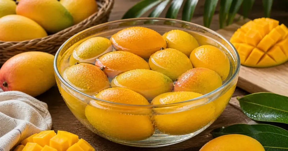 A basket of ripe, yellow mangoes on a wooden table, ready to be enjoyed.