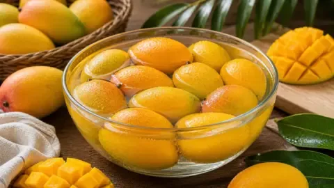 A basket of ripe, yellow mangoes on a wooden table, ready to be enjoyed.