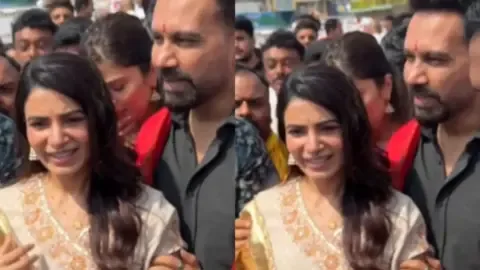 Raj Nidimoru escorts Samantha Ruth Prabhu away from fans at Tirumala.