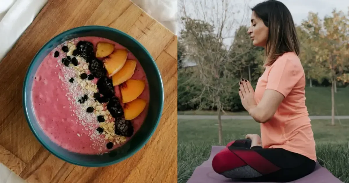 A colorful bowl of fruit and yogurt, representing a light pre-yoga meal.