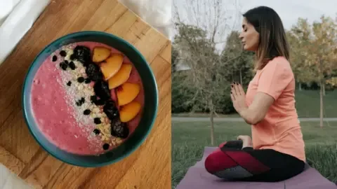 A colorful bowl of fruit and yogurt, representing a light pre-yoga meal.