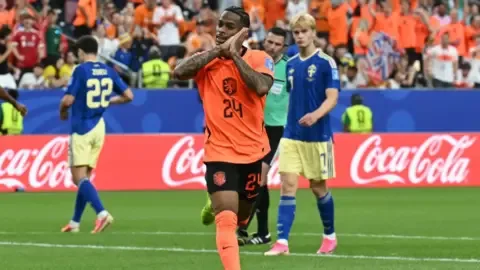 Netherlands players celebrate scoring a goal during their World Cup match against Sweden.