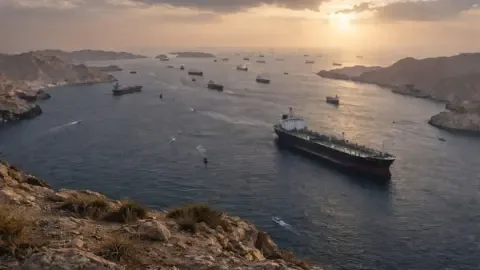 Oil tankers navigating the Strait of Hormuz after its reopening following a ceasefire, with oil prices falling.