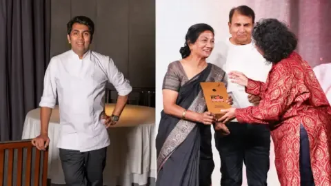 Himanshu Saini accepting the Chef of the Year (International) award at the NDTV Food Awards 2026.