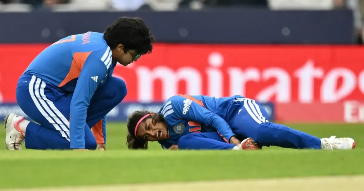 Shreyanka Patil in action during a cricket match, sidelined by injury for the Women's T20 World Cup 2026.