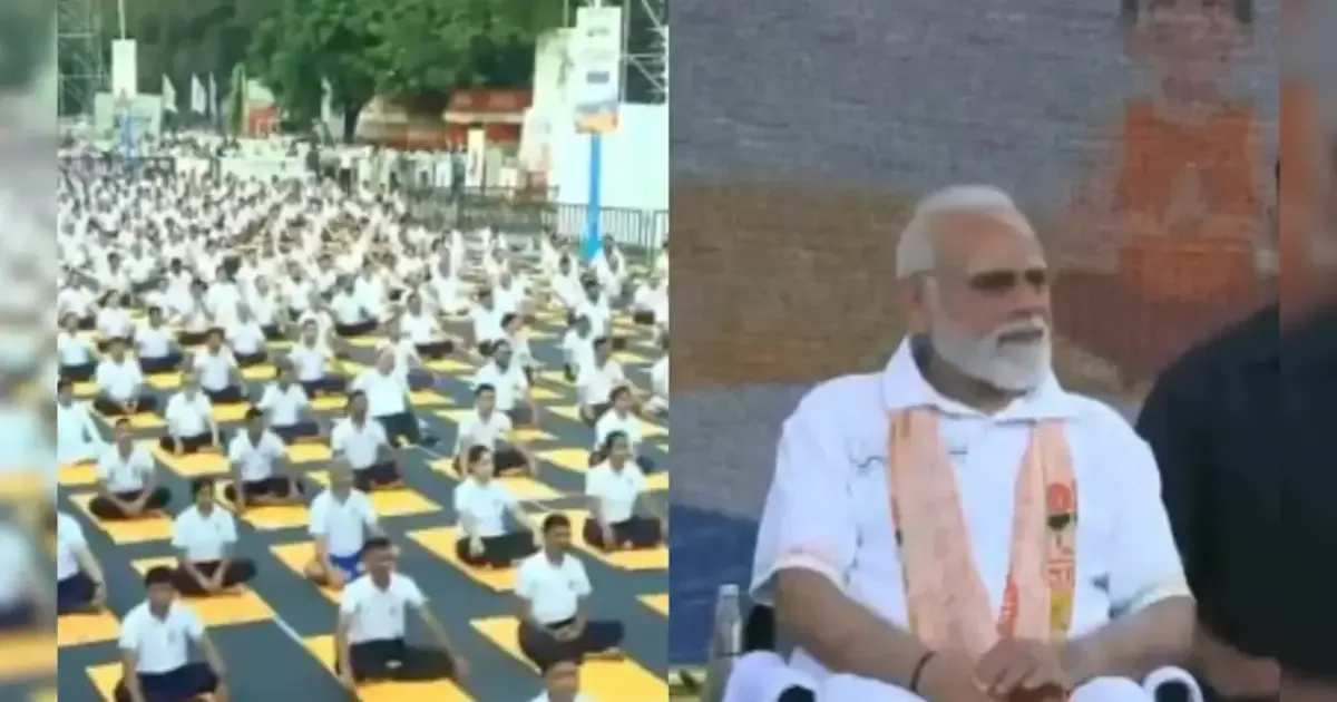 Prime Minister Narendra Modi participating in International Yoga Day 2026 celebrations in Kolkata, India.