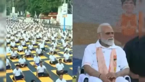Prime Minister Narendra Modi participating in International Yoga Day 2026 celebrations in Kolkata, India.