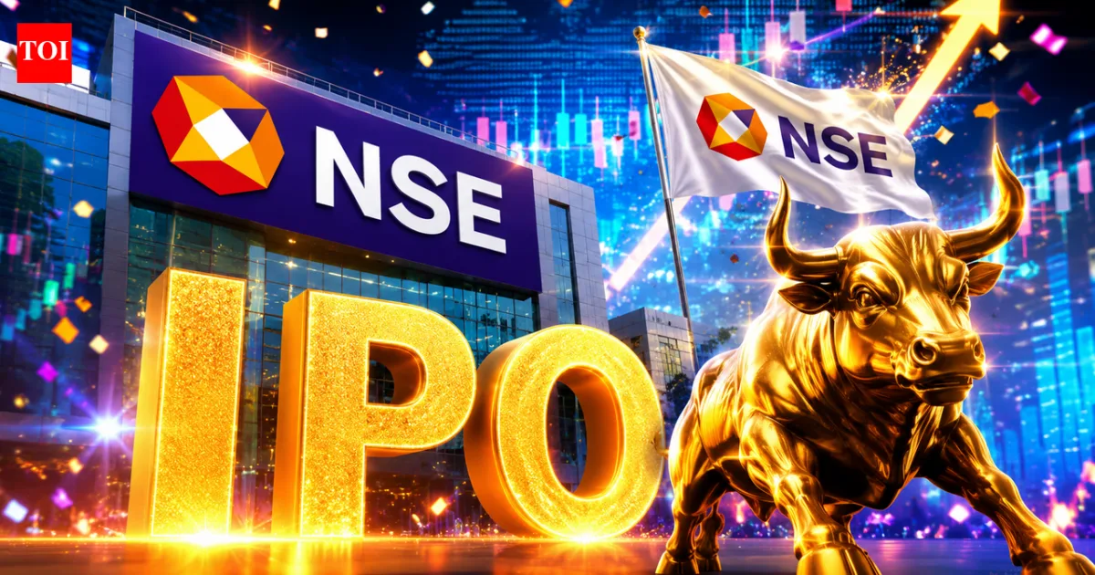 A close-up of the National Stock Exchange of India logo reflecting financial charts and stock market graphs in the background. The text NSE mega IPO in subtle white font overlays the lower left corner, illuminated by a focused blue and gold light.