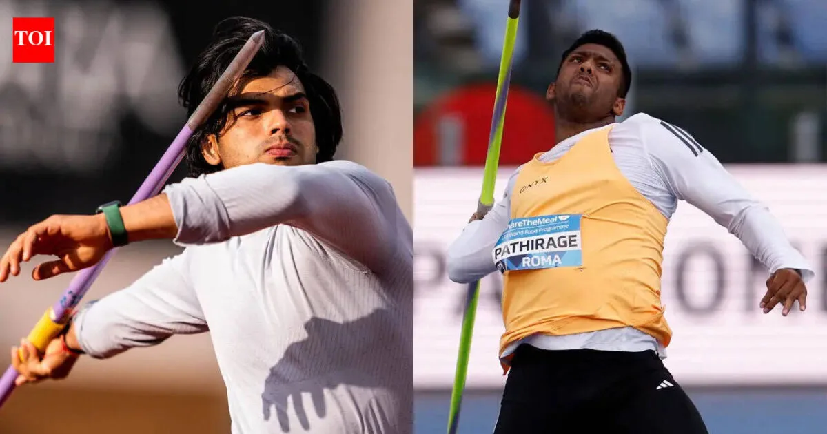 Neeraj Chopra in action, throwing a javelin with intense focus during a competition, showcasing his powerful technique.