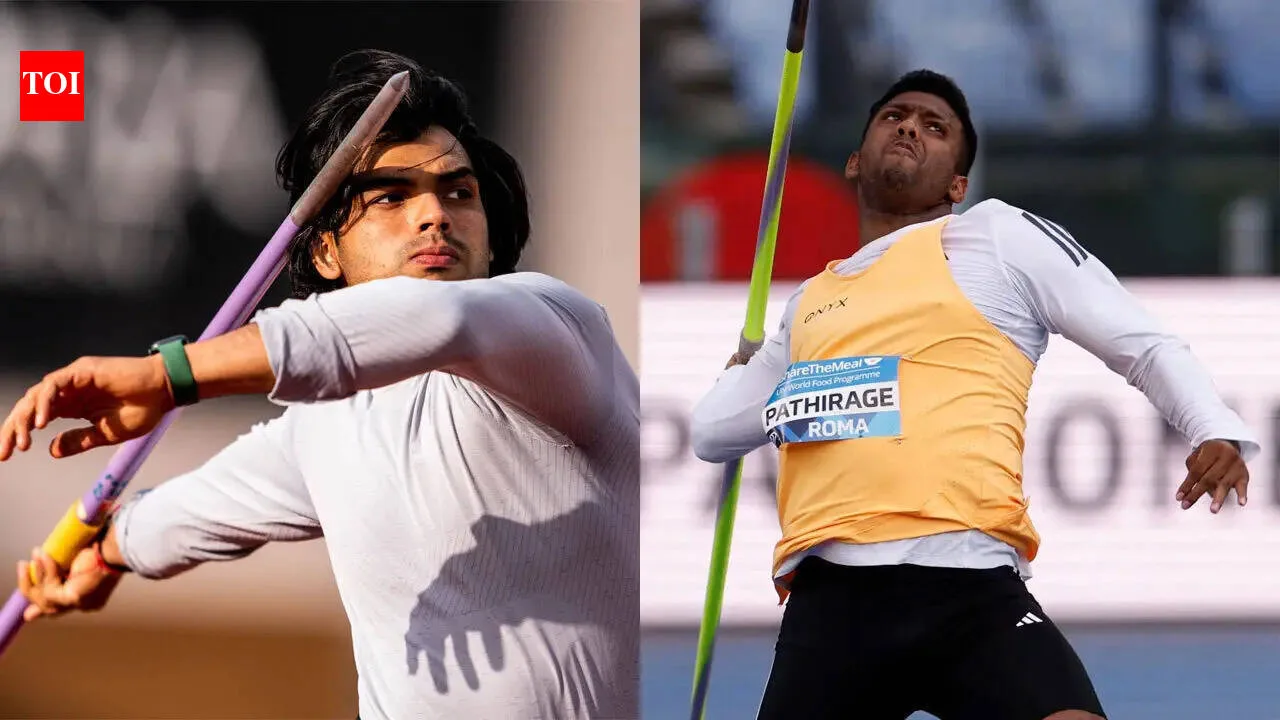 Neeraj Chopra in action, throwing a javelin with intense focus during a competition, showcasing his powerful technique.