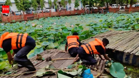 Jorhat district officials and volunteers participating in a pond restoration drive.