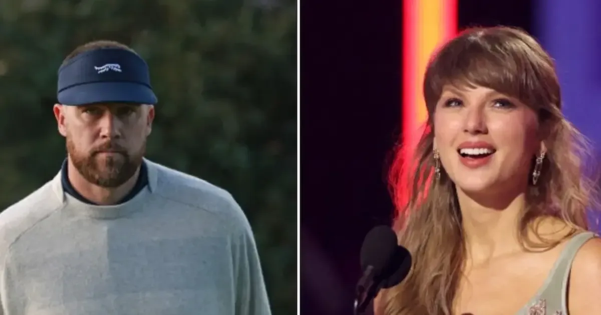 Taylor Swift and Travis Kelce smiling together at a public event, fueling wedding rumors.
