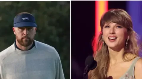 Taylor Swift and Travis Kelce smiling together at a public event, fueling wedding rumors.