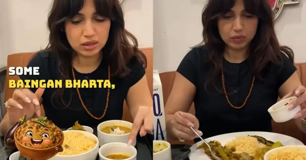 Bhumi Pednekar enjoying a plate of traditional Odia food including Pakhal Bhaat and Ghugni during her cheat day in Odisha.