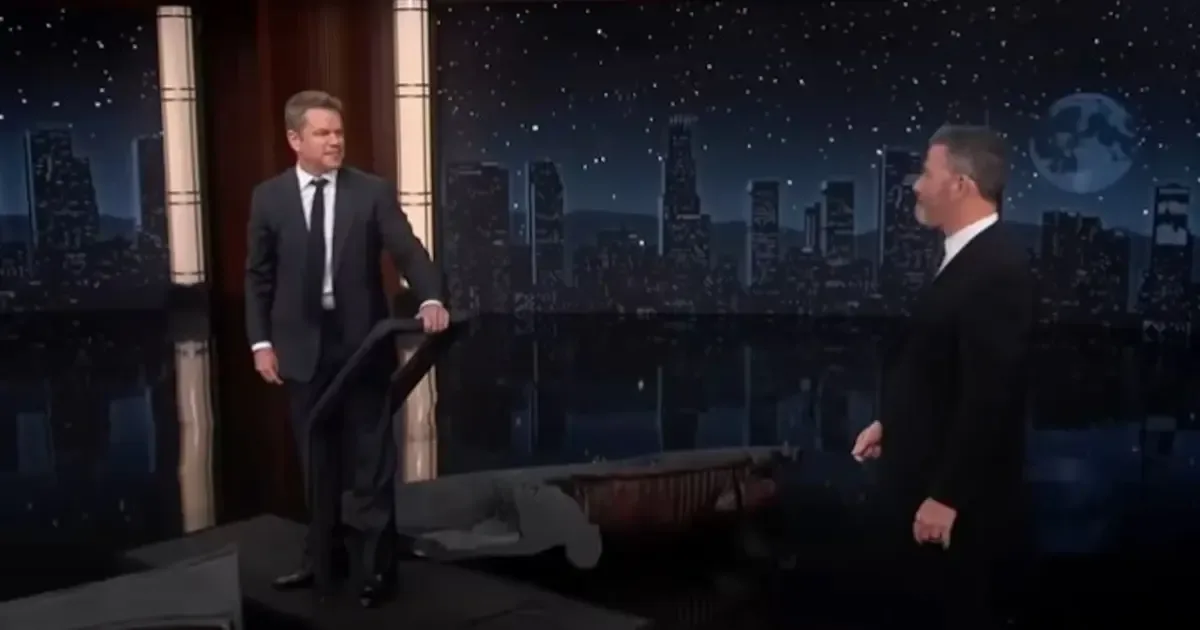 Matt Damon emerges from a Trojan Horse to surprise Jimmy Kimmel