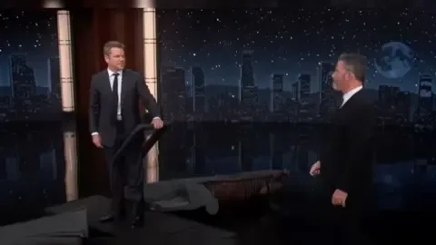 Matt Damon emerges from a Trojan Horse to surprise Jimmy Kimmel