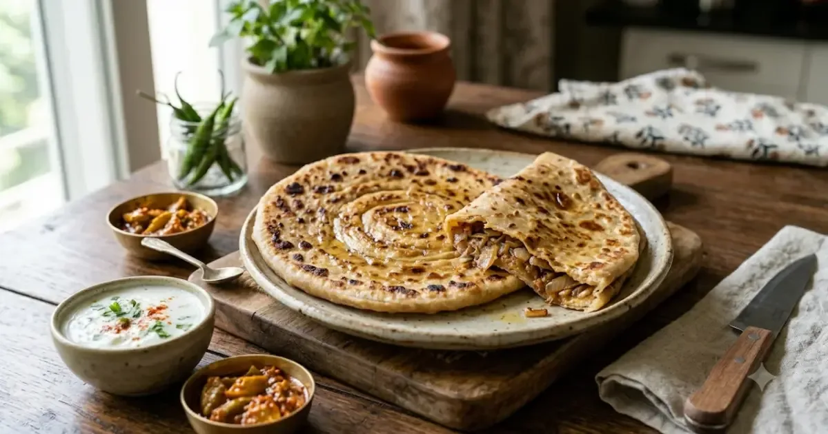 Golden brown dhaba-style onion paratha served hot with a side of yogurt and pickle.