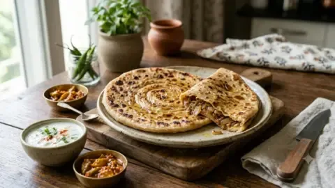 Golden brown dhaba-style onion paratha served hot with a side of yogurt and pickle.