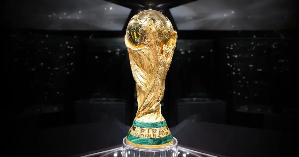 Close-up of the FIFA World Cup trophy, highlighting its gold