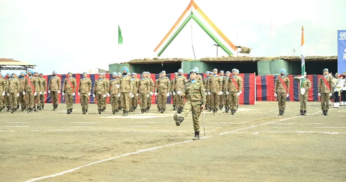 Indian Army peacekeepers receiving UN medals for their service in DR Congo, Sudan, and South Sudan.
