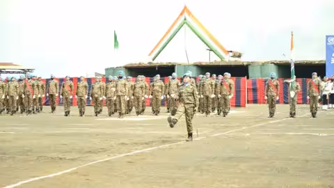 Indian Army peacekeepers receiving UN medals for their service in DR Congo, Sudan, and South Sudan.