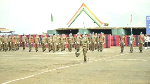 Indian Army peacekeepers receiving UN medals for their service in DR Congo, Sudan, and South Sudan.